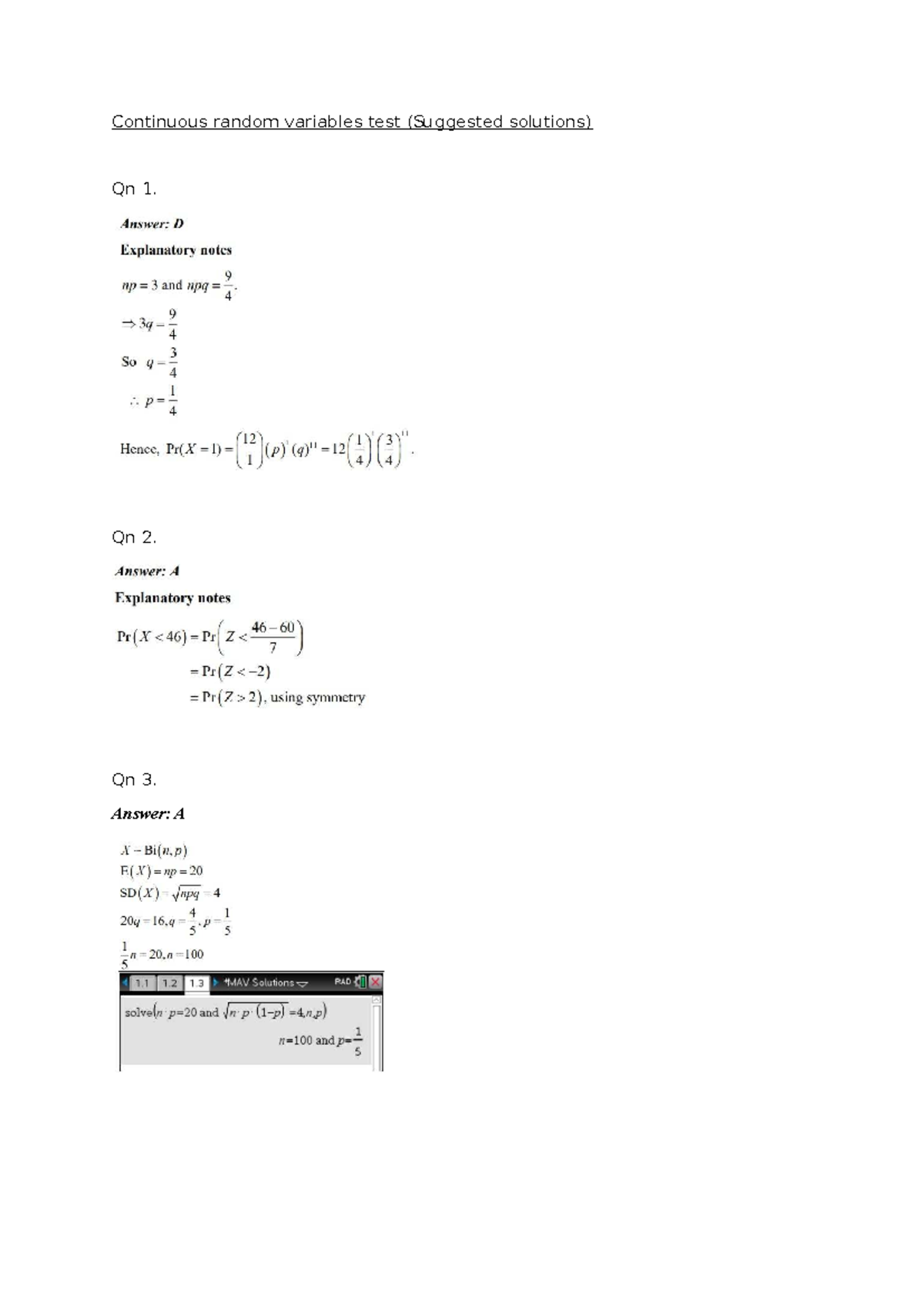 Continuous random variable test solution - Continuous random variables ...
