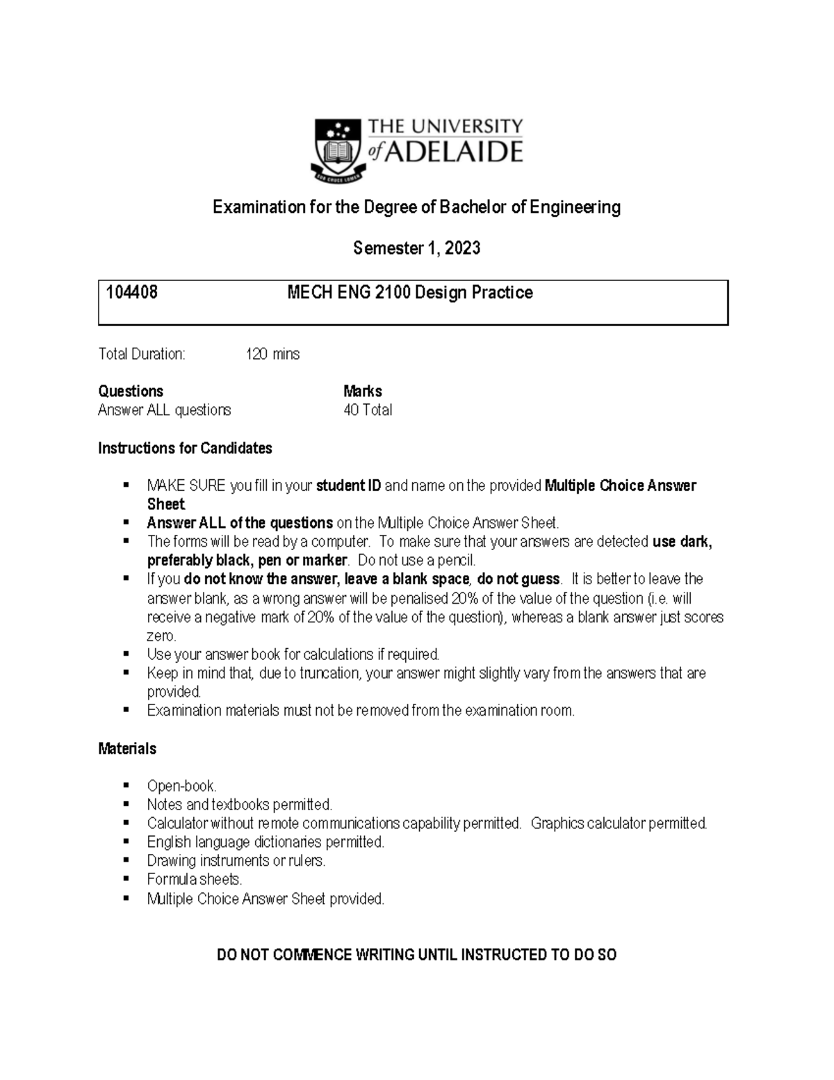 Mecheng 2100 Design Practice Primary EXAM 2023 - Examination for the ...