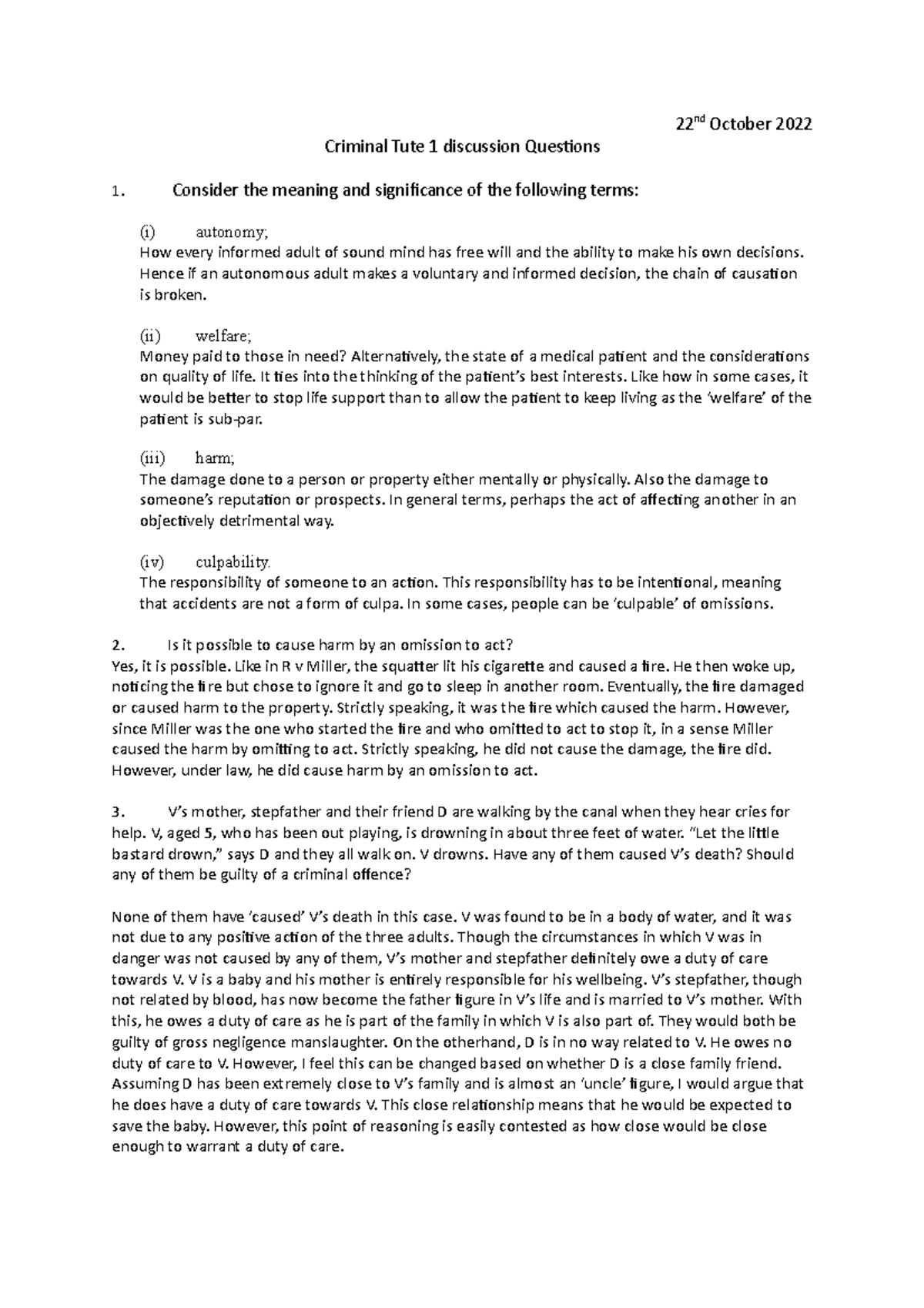 Criminal Law Tute 1: Key Prep Questions and Legal Principles - Studocu
