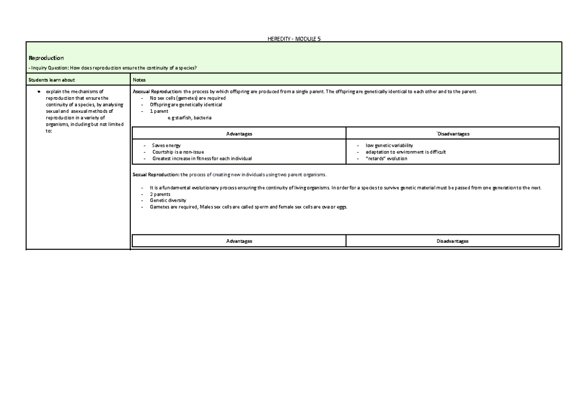 Module 5 - Heredity: Reproduction and Species Continuity Analysis - Studocu