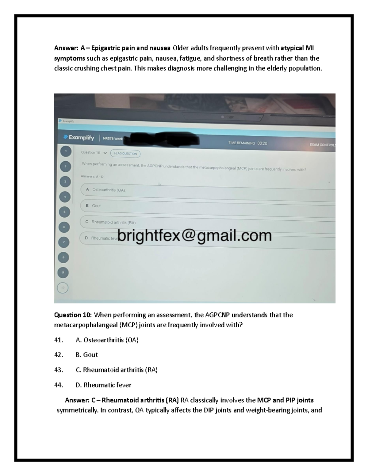 Examplify Exams 2026 - Answer: A – Epigastric pain and nausea Older ...