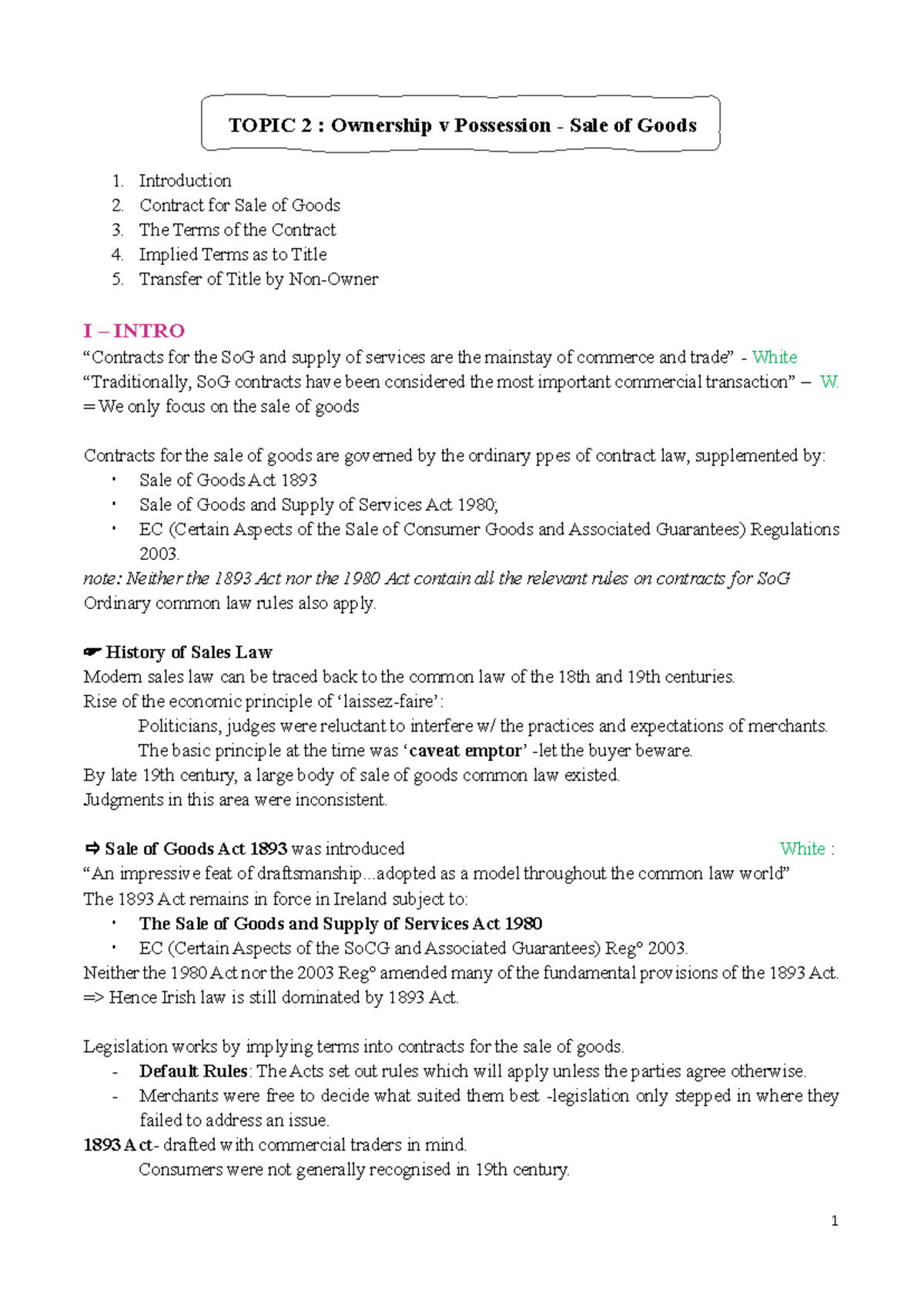 Lesson 2: Ownership vs. Possession in Sale of Goods (SoG) Law - Studocu
