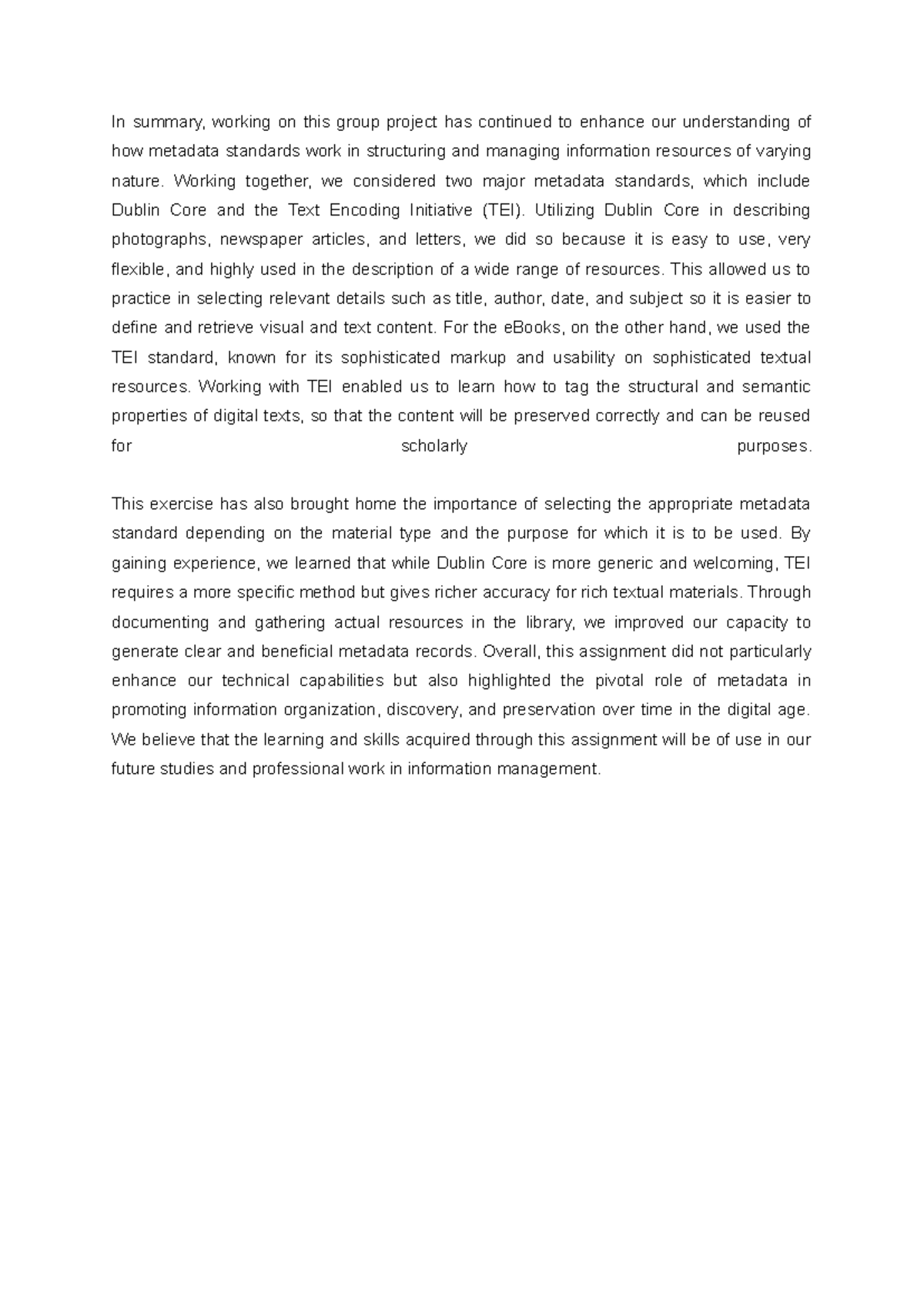Conclusion of Group Project on Metadata Standards (INFO 101) - Studocu