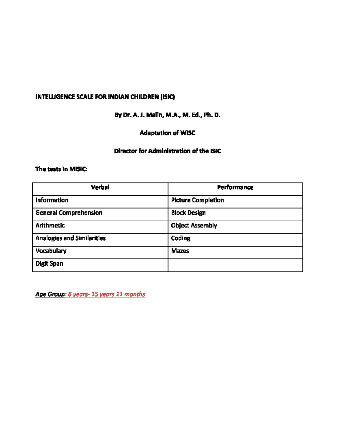 ISIC Manual: Intelligence Scale for Indian Children (MISIC) - Studocu