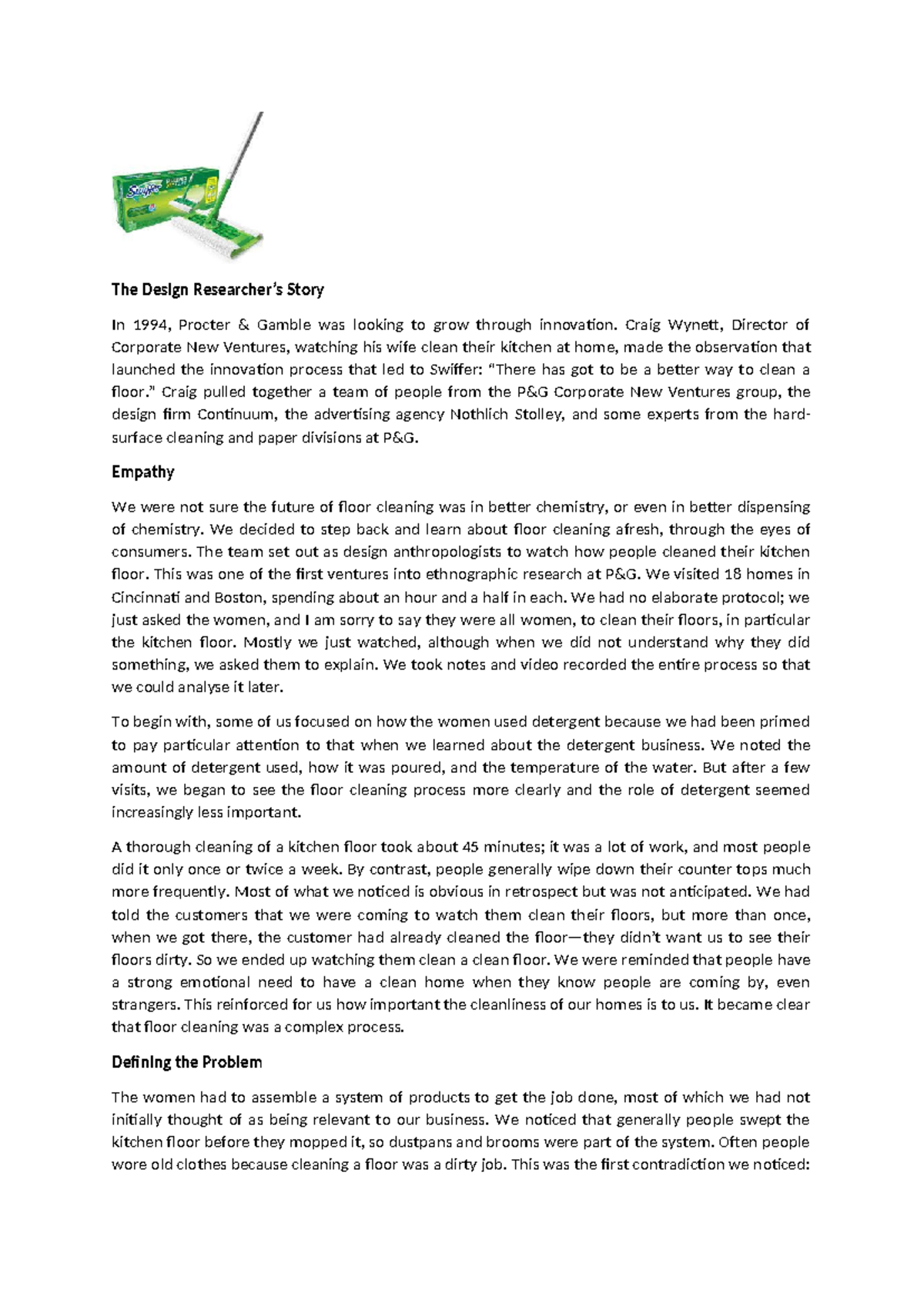 Swiffer Case Study Analysis: Design Thinking & Innovation Process - Studocu