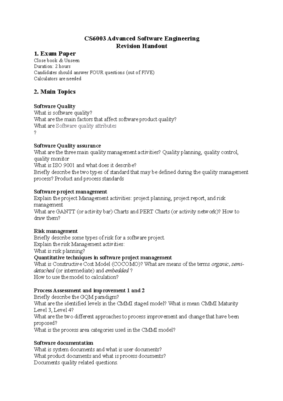 CS6003 Advanced Software Engineering Revision Handout for Exam Prep ...