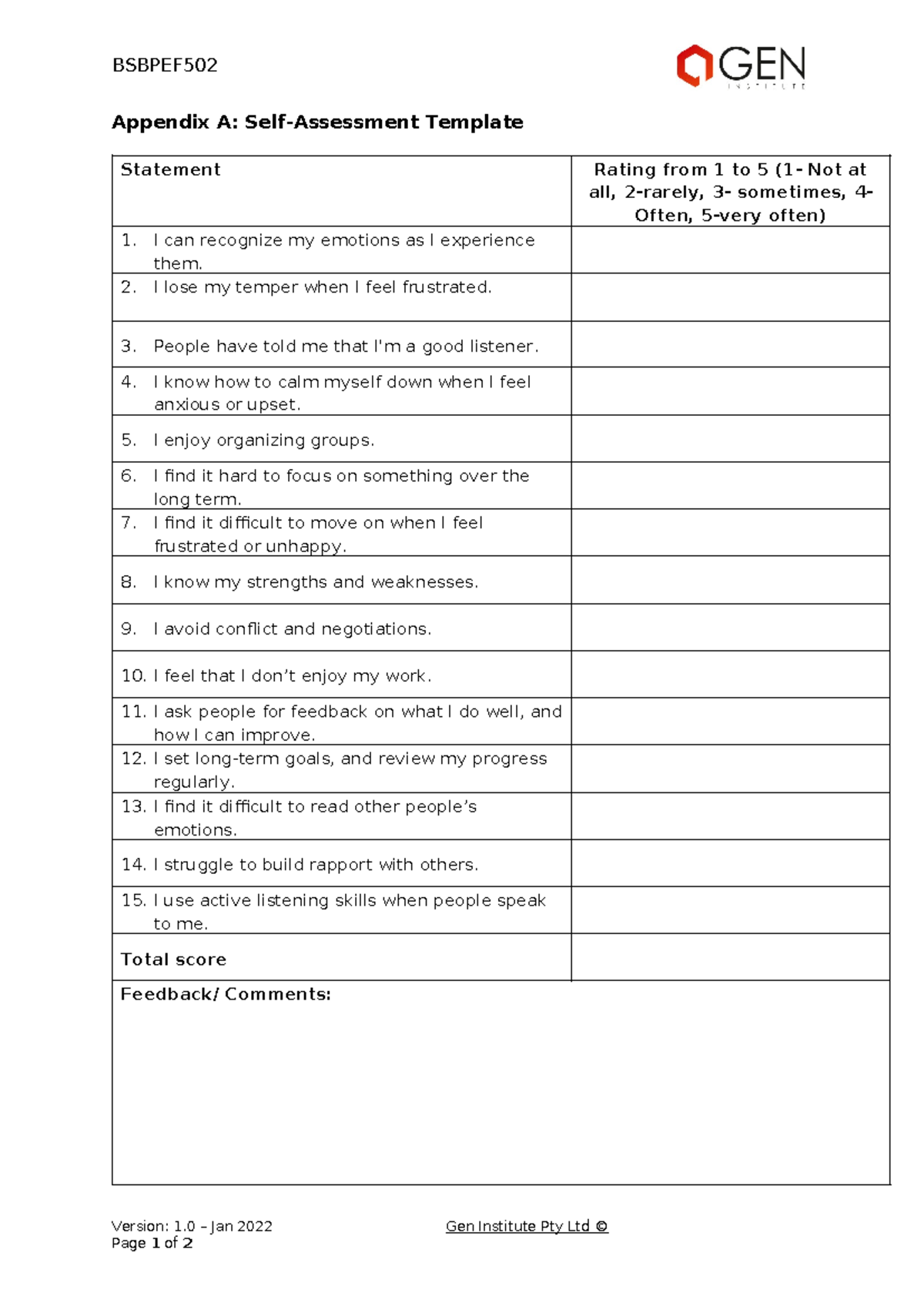 5 - Bsbpef 502 Appendix A - Self-Assessment Template - BSBPEF Appendix ...