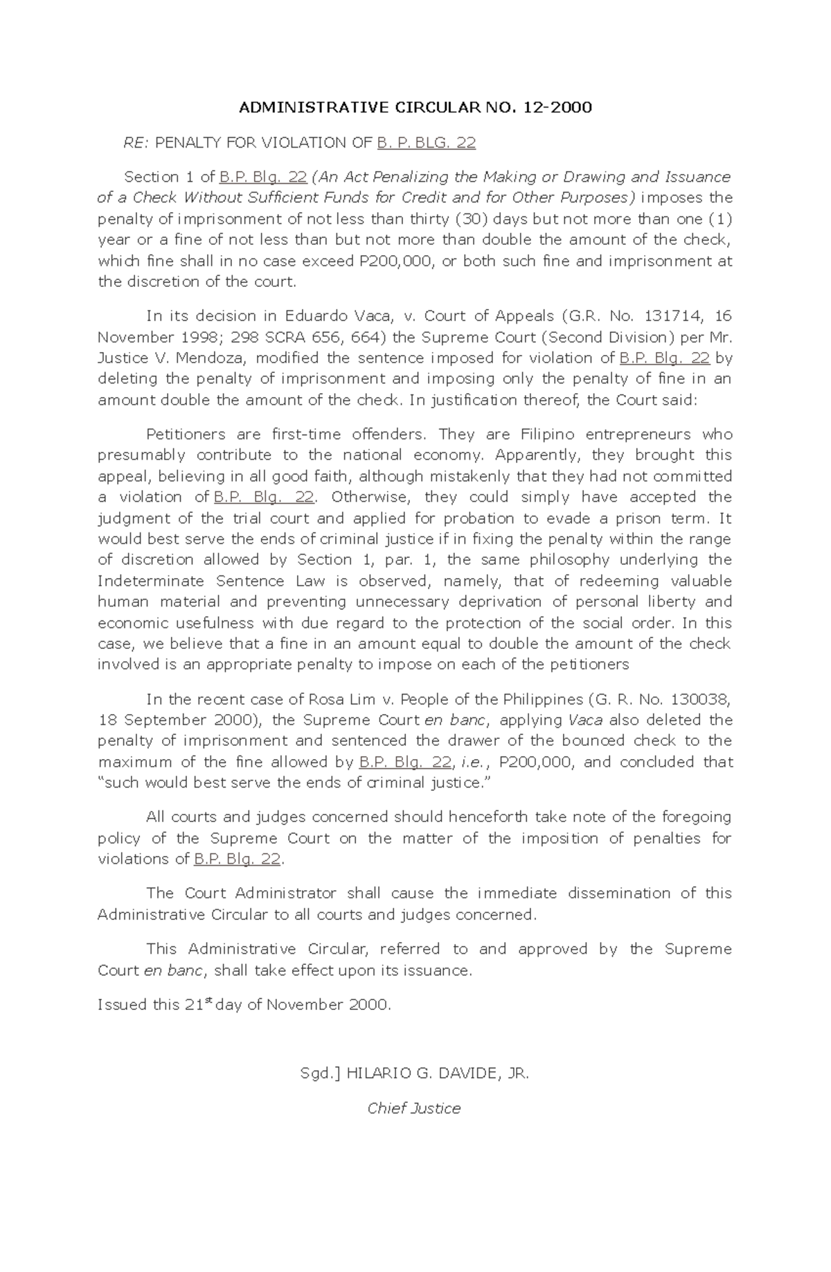 Administrative Circular No. 12-2000: Revised Penalties for B.P. 22 ...