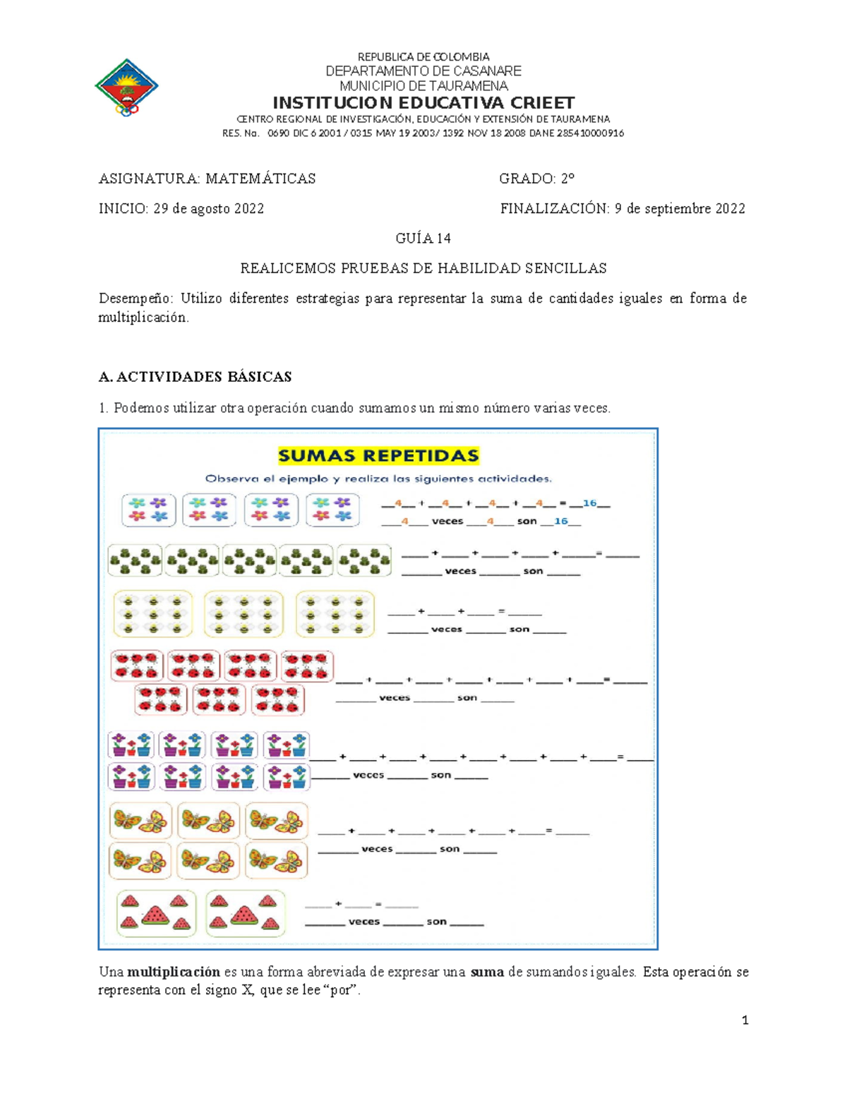 Guía 14 de Matemáticas para Grado 2° - Actividades de Suma y ...