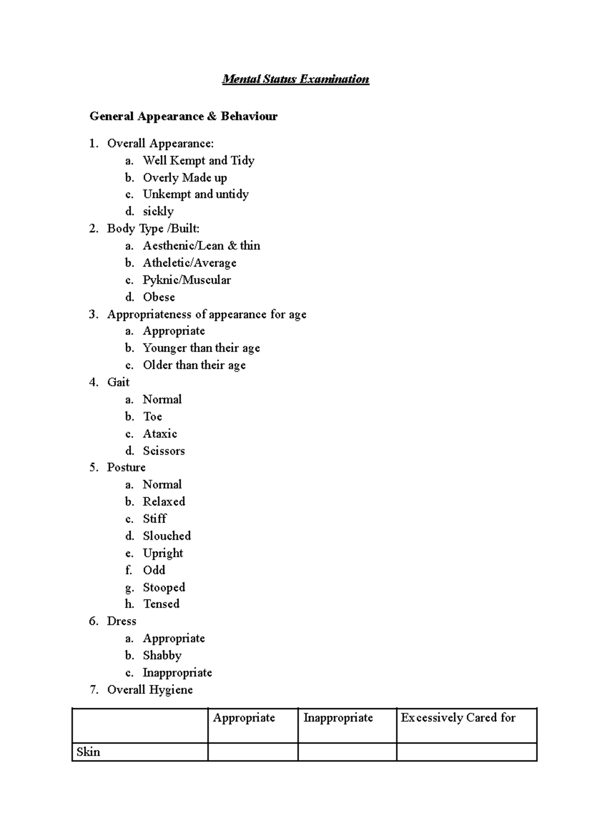 MSE Format: Comprehensive Mental Status Examination Guide - Studocu