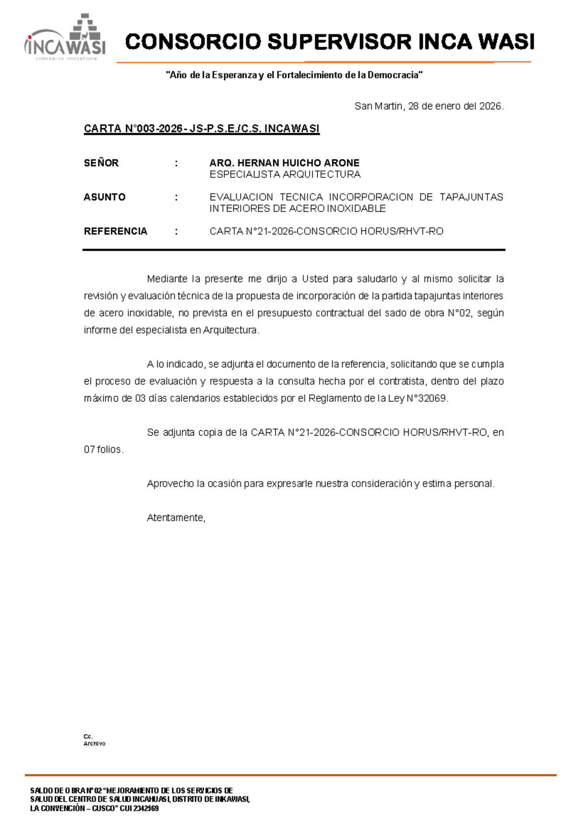Evaluación Técnica de Tapajuntas - Carta 03 - Inca Wasi - Studocu