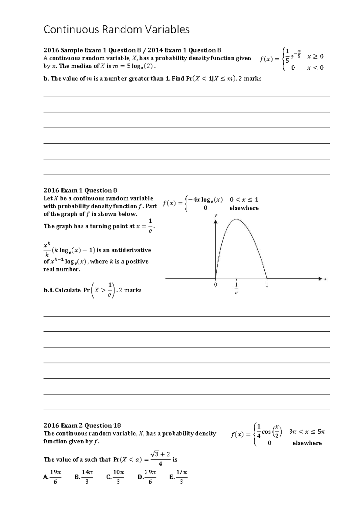 Continuous Random Variables: 2016-2022 Exam Questions & Solutions - Studocu