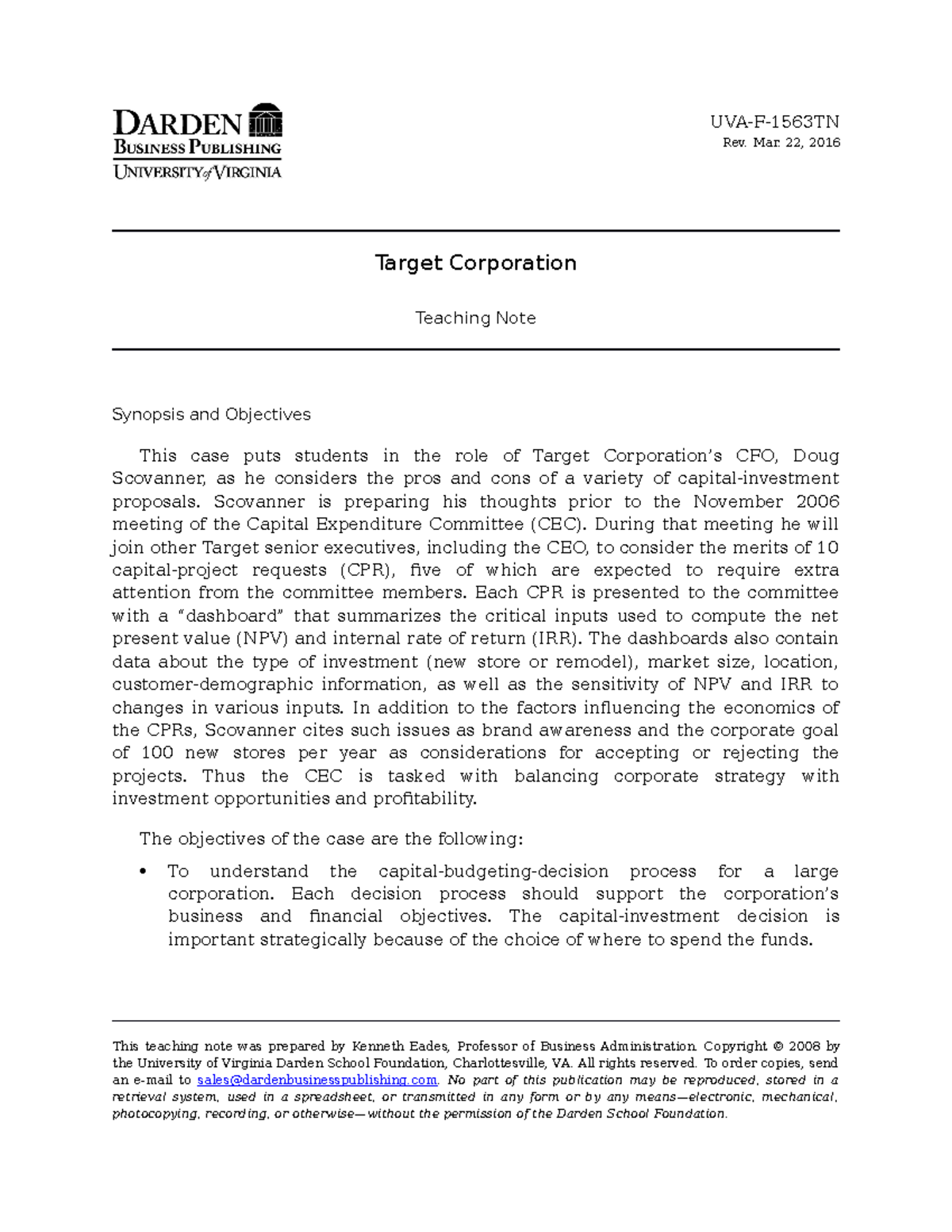 Target Corporation Capital Investment Decisions - Case Study UVA-F ...