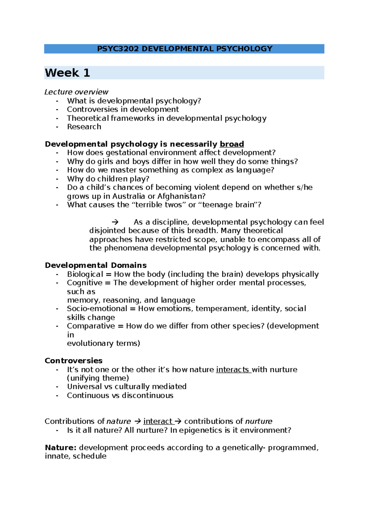PSYC3202 Developmental Psychology Week 1 Lecture: Key Concepts ...