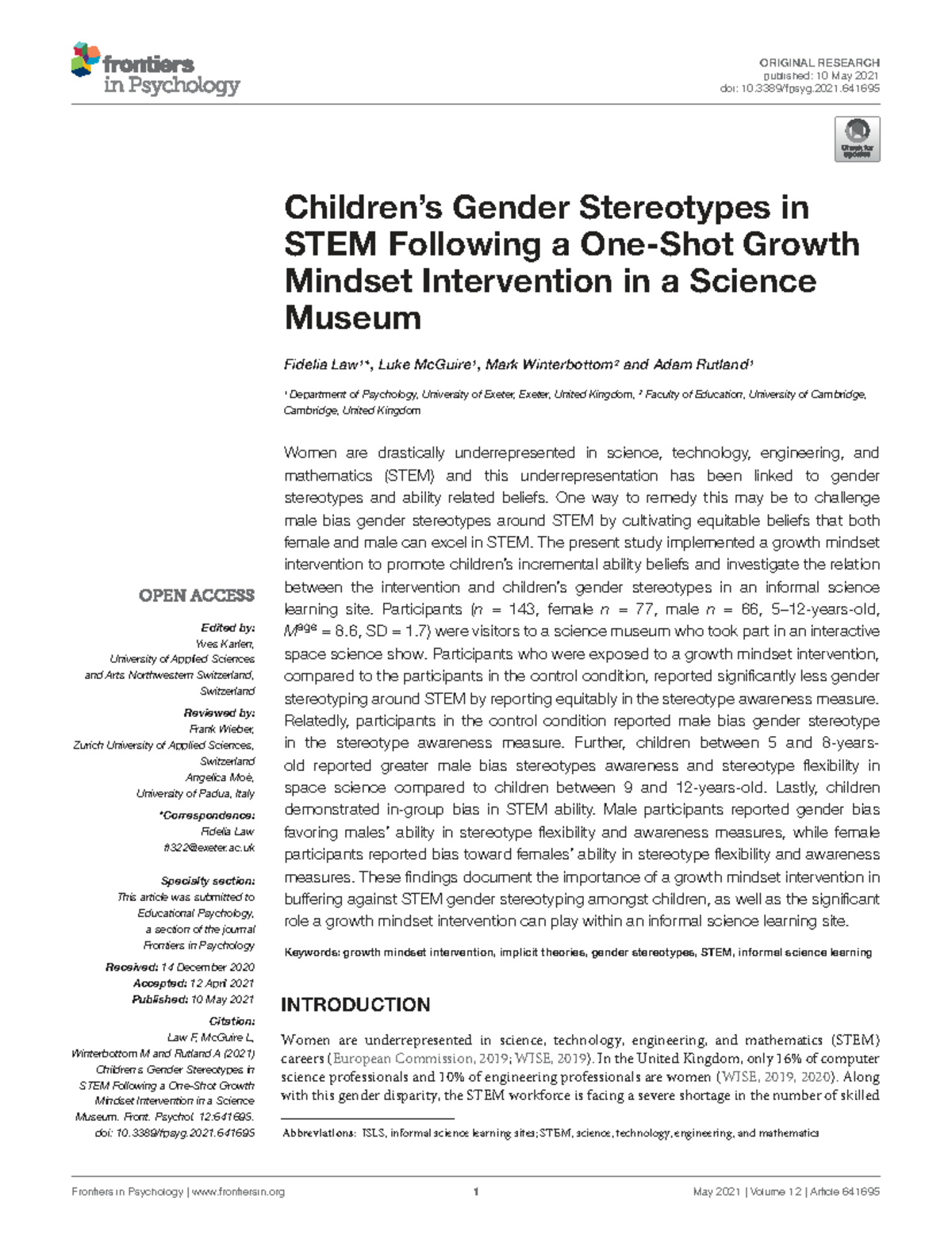 PSYC 413 Final Project: Gender Stereotypes in STEM and Growth Mindset ...