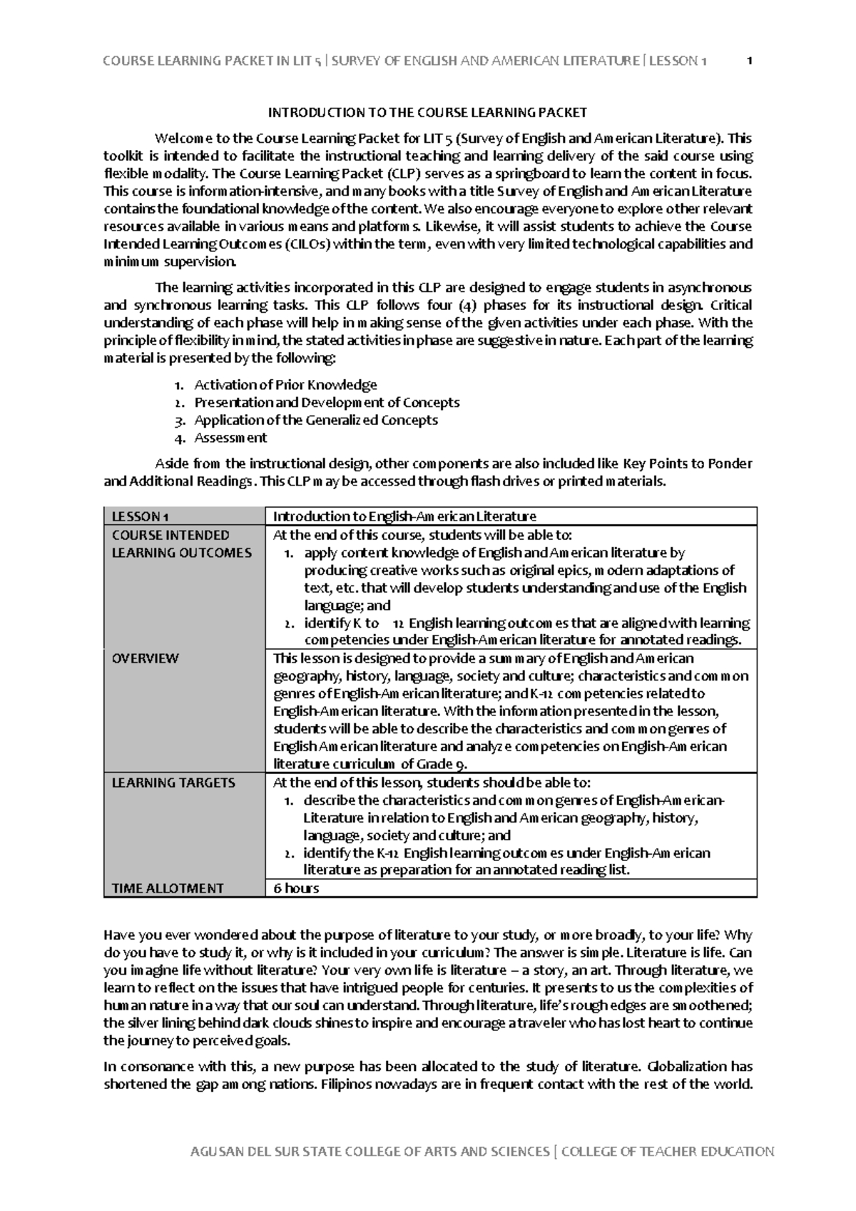 Course Learning Packet in Lit 5 (Lesson 1) - INTRODUCTION TO THE COURSE ...