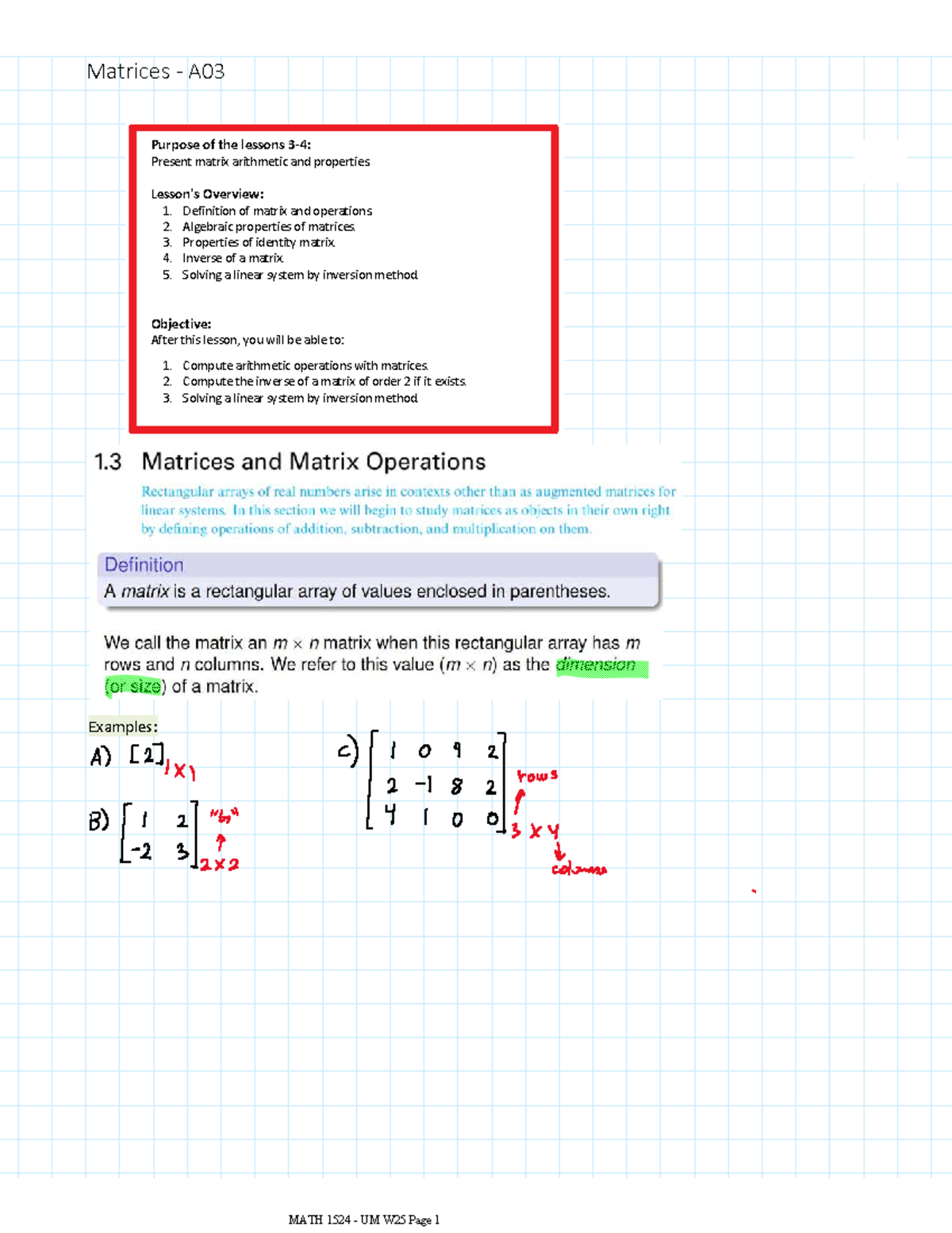 Matrices A03: Matrix Arithmetic and Properties Overview - Studocu