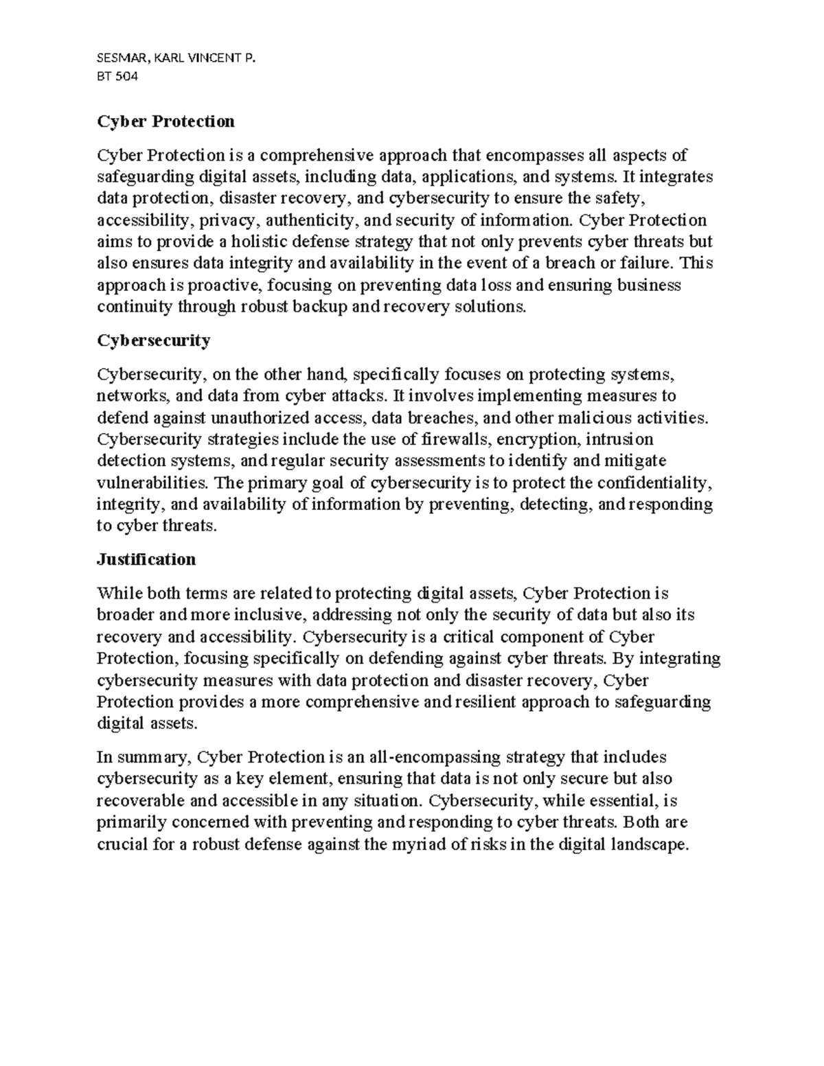 BT 504 - Cyber Protection vs. Cybersecurity: An In-Depth Analysis - Studocu