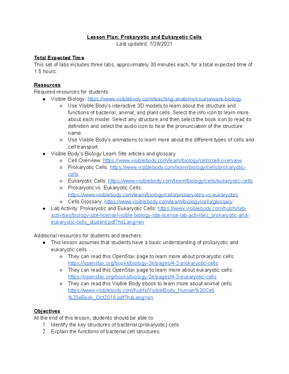 Bio 101 Lesson Plan: Exploring Prokaryotic and Eukaryotic Cells - Studocu