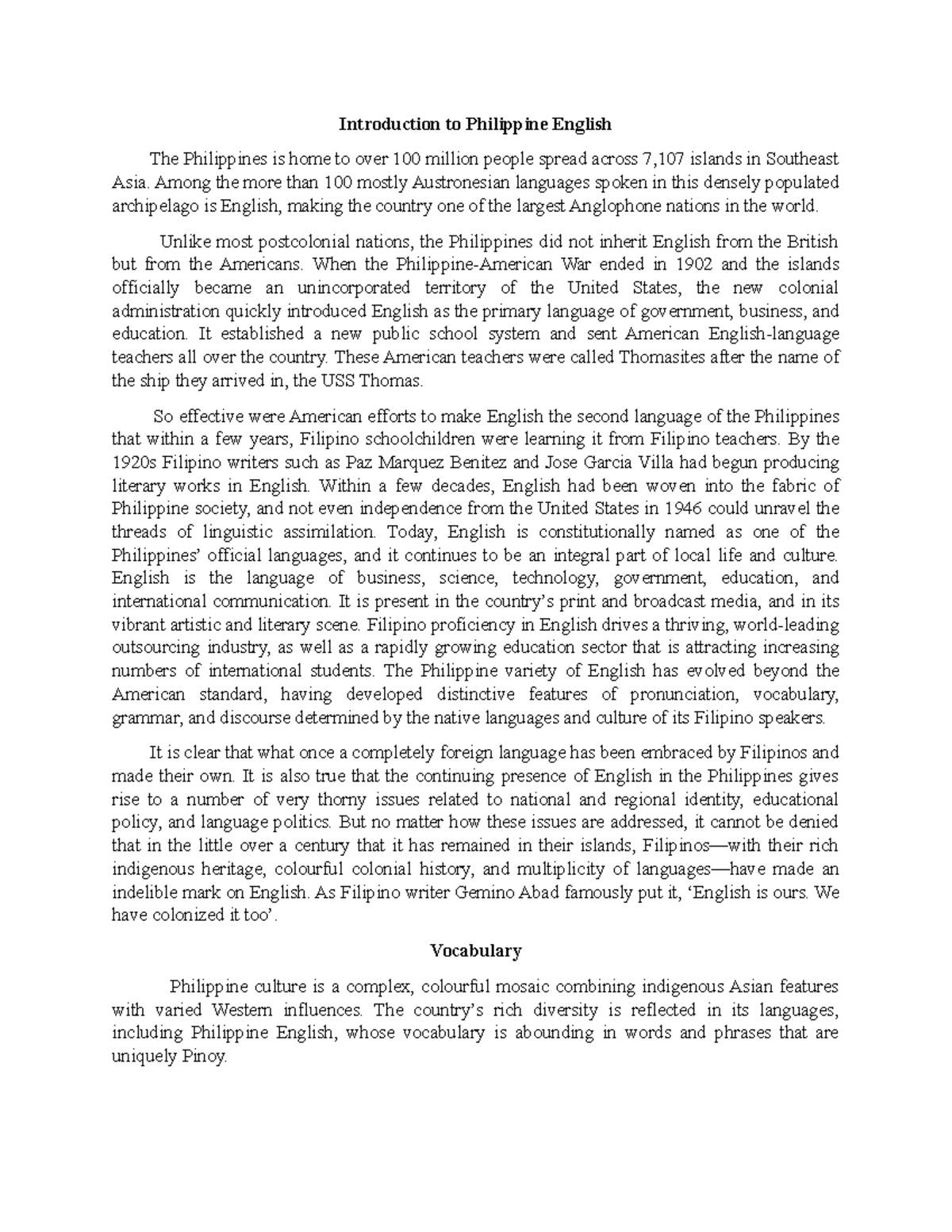 Introduction to Philippine English - Among the more than 100 mostly ...