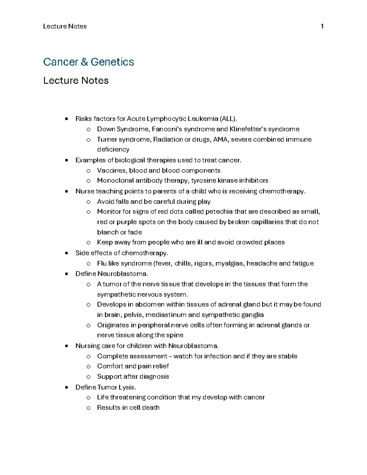 Lecture Notes 1: Cancer Genetics & Risks of Acute Lymphocytic Leukemia ...