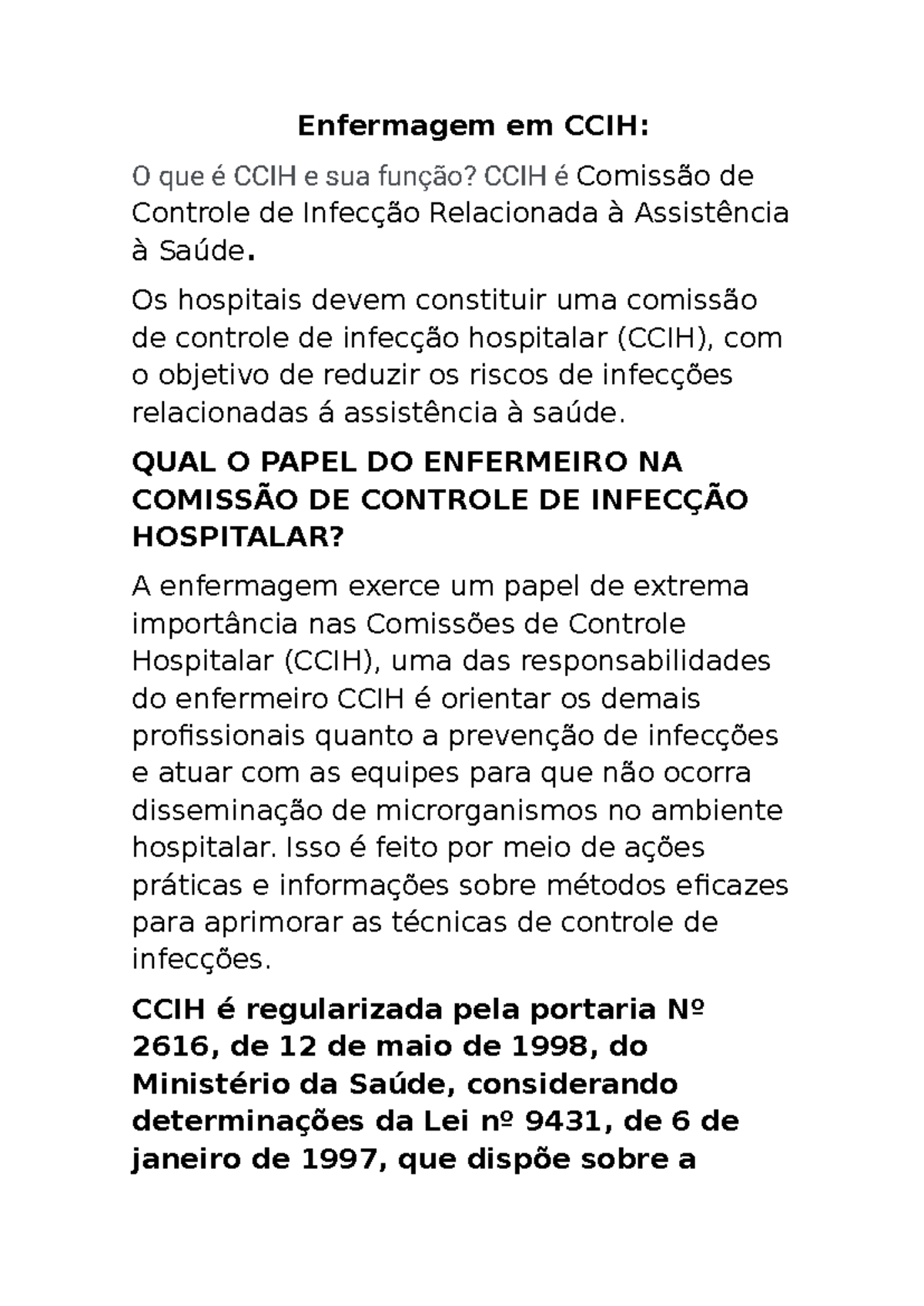 Trabalho - O Papel da Enfermagem na CCIH e Controle de Infecções - Studocu