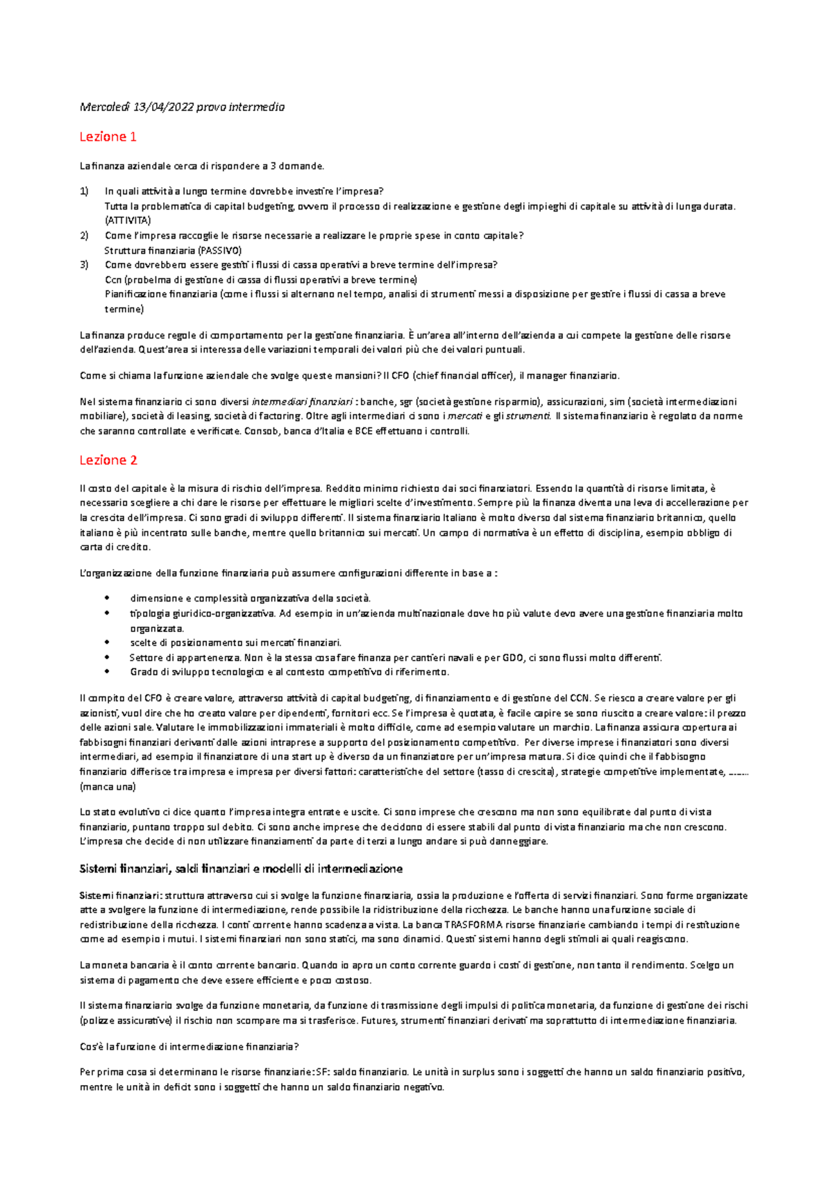 Appunti - Mercoledì 13/04/2022 prova intermedia Lezione 1 La finanza ...