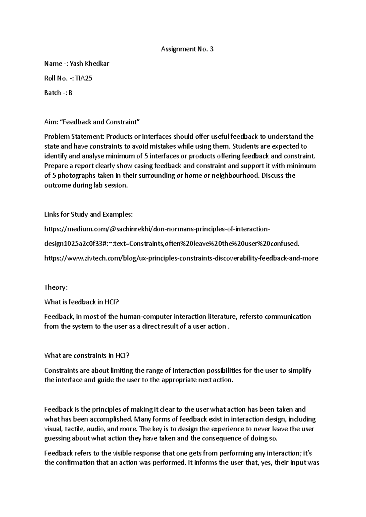 HCI Assignment No. 3: Analyzing Feedback & Constraints in Interfaces ...
