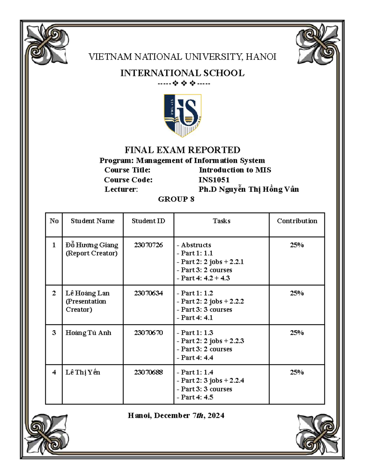 INS1051: Final Exam Report on Management of Information Systems - Studocu