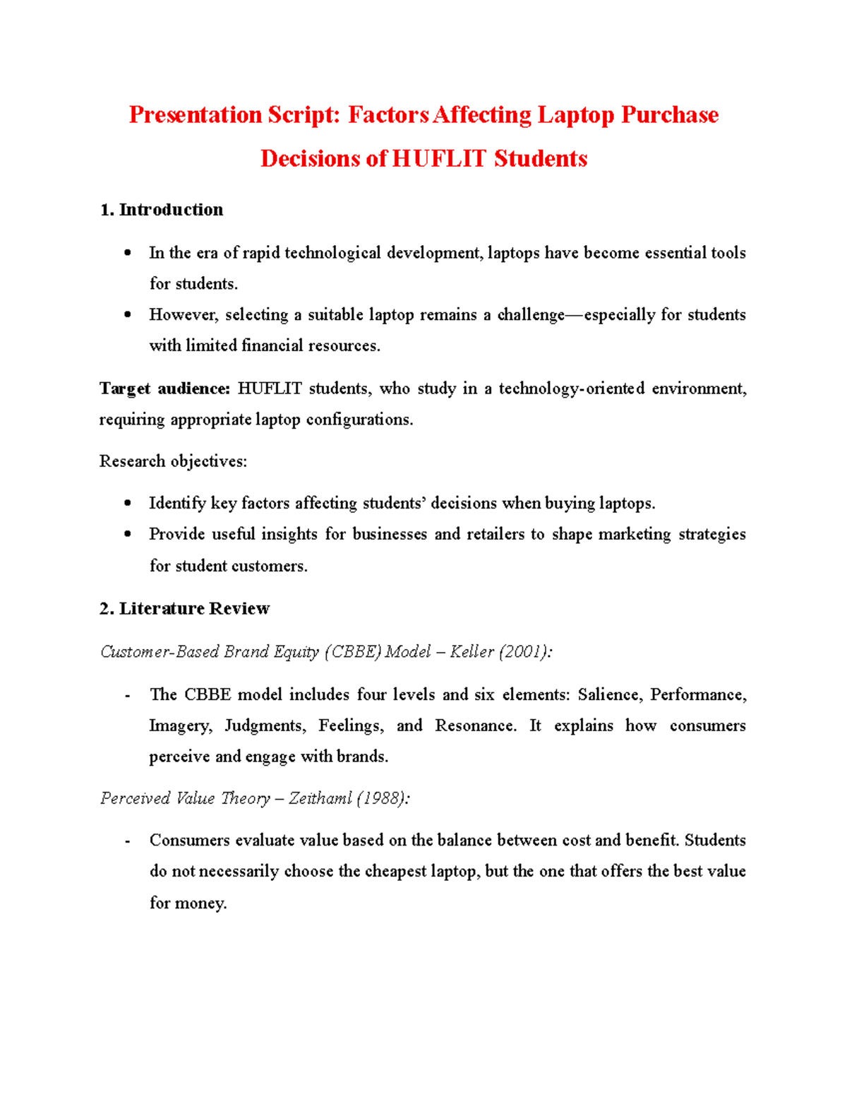 HUFLIT Student Laptop Purchase Decisions: Presentation Script - Studocu