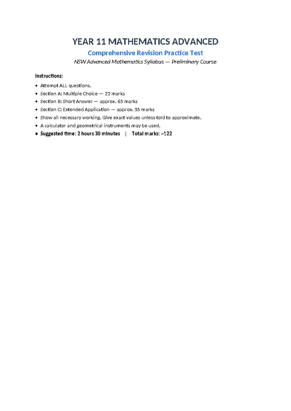 Year 11 Mathematics Advanced Comprehensive Revision Practice Test - Studocu