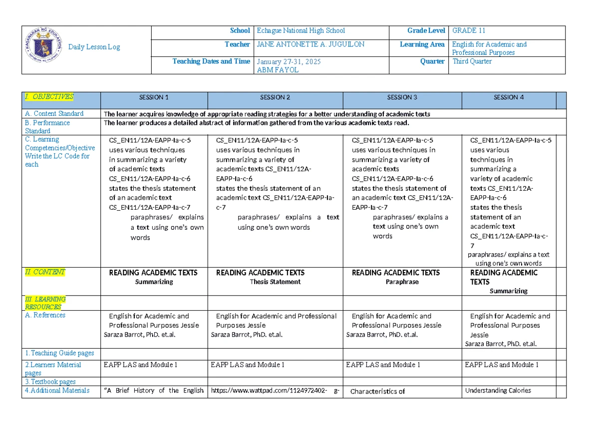 DLL-EAPP - Daily Lesson Log for Grade 11 English Activities - Studocu