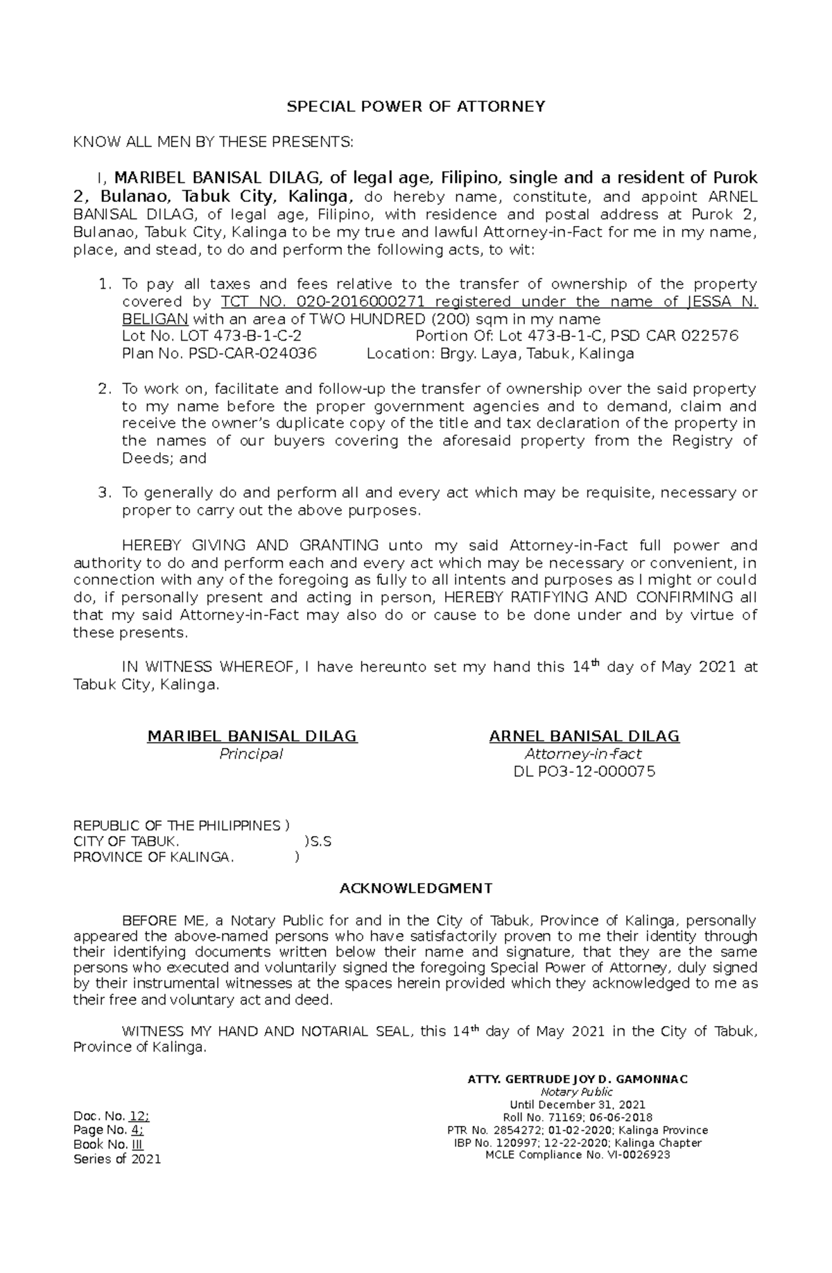 SPA Process: Special Power of Attorney for Arnel Banisal Dilag - Studocu
