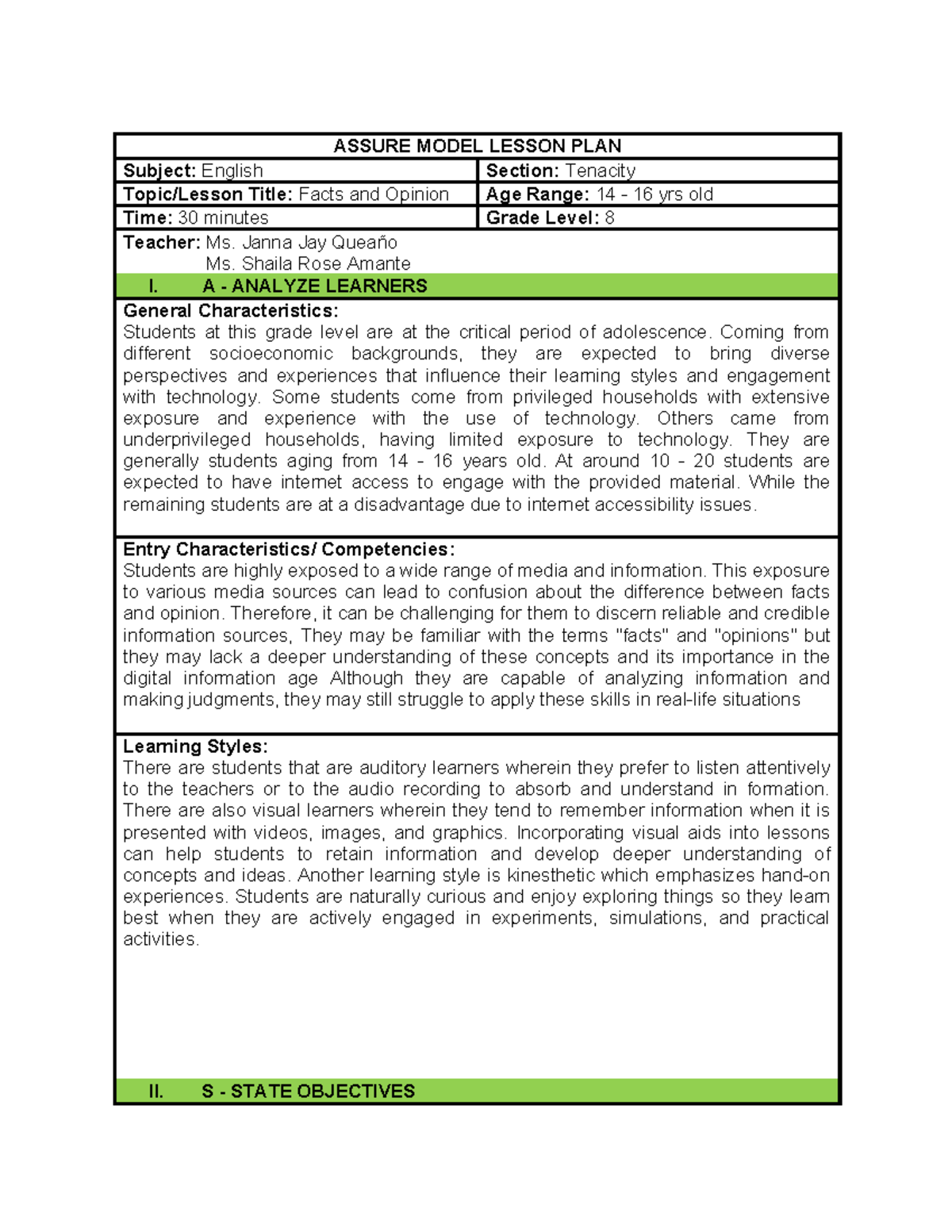 TTL2 Assure Model Lesson Plan: Distinguishing Facts from Opinions - Studocu