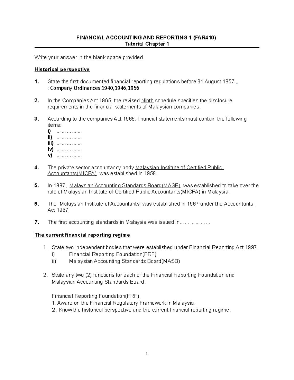 FAR410 Tutorial Chapter 1 Question - FINANCIAL ACCOUNTING AND REPORTING ...