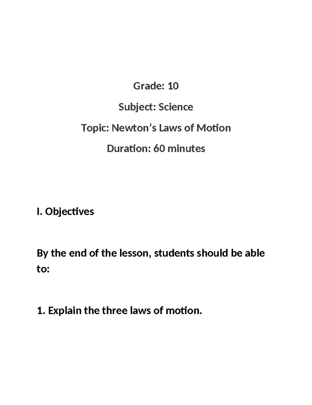 Detailed Lesson Plan: G10 Science - Laws of Motion - Studocu