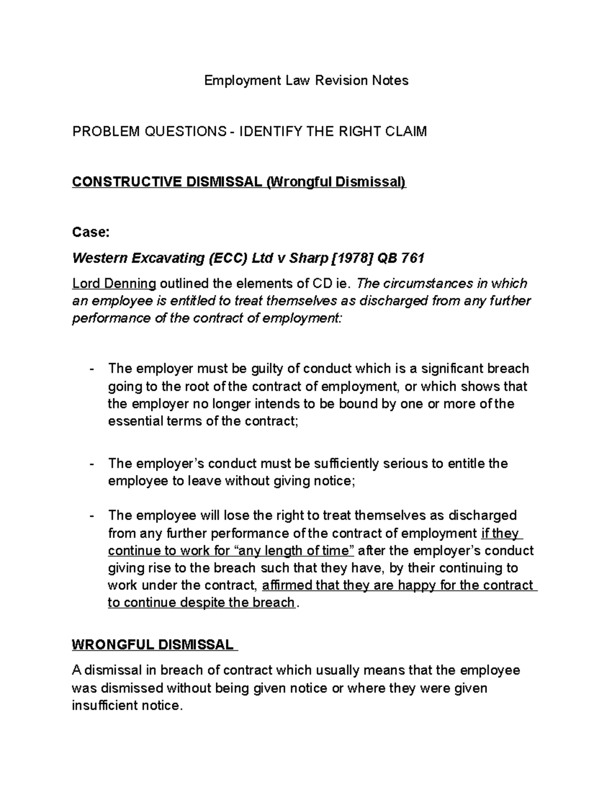Employment Law Revision Notes: Key Concepts and Case Studies - Studocu