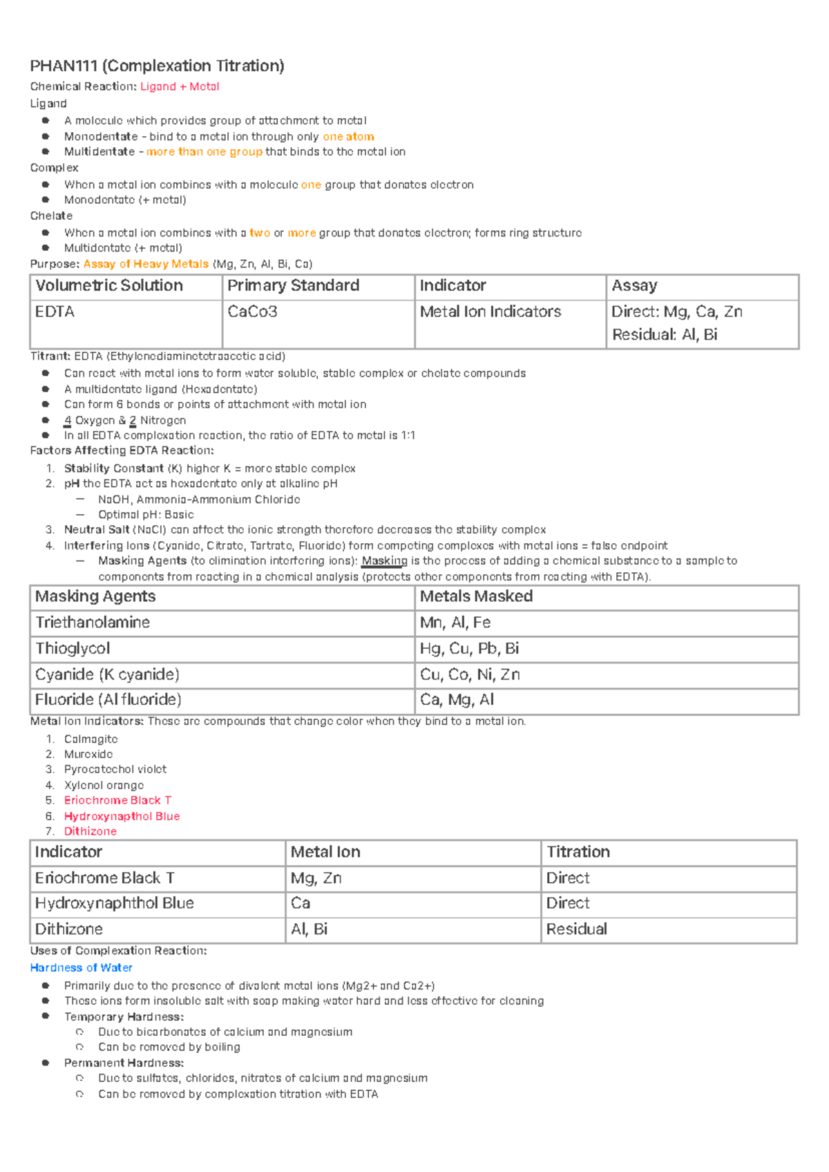 PHAN111 Final Exam Notes: Complexation Titration Overview - Studocu
