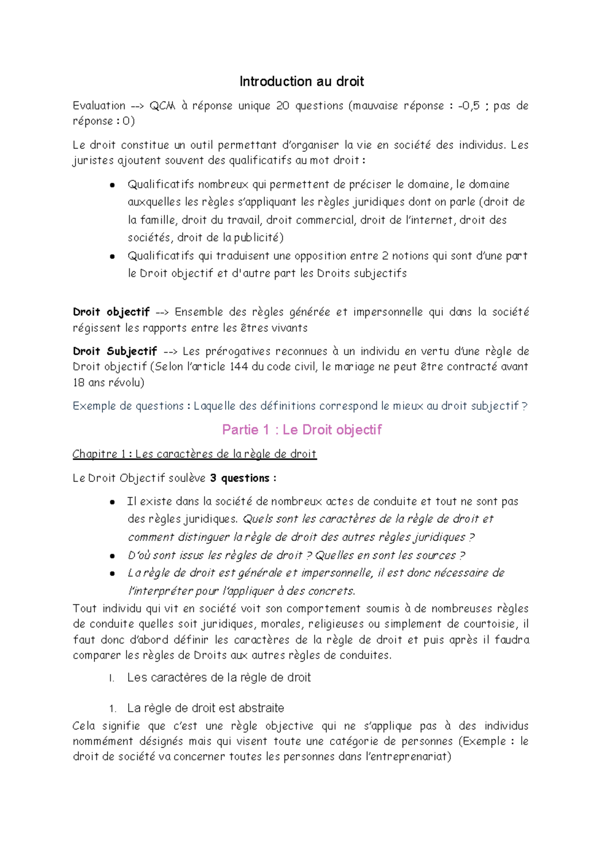 Introduction au droit - Cours et Évaluation (QCM) [DROIT101] - Studocu