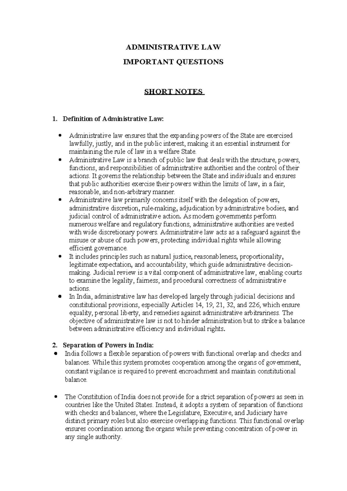 ADMINISTRATIVE LAW (LAW 101) IMPORTANT QUESTIONS & SHORT NOTES - Studocu