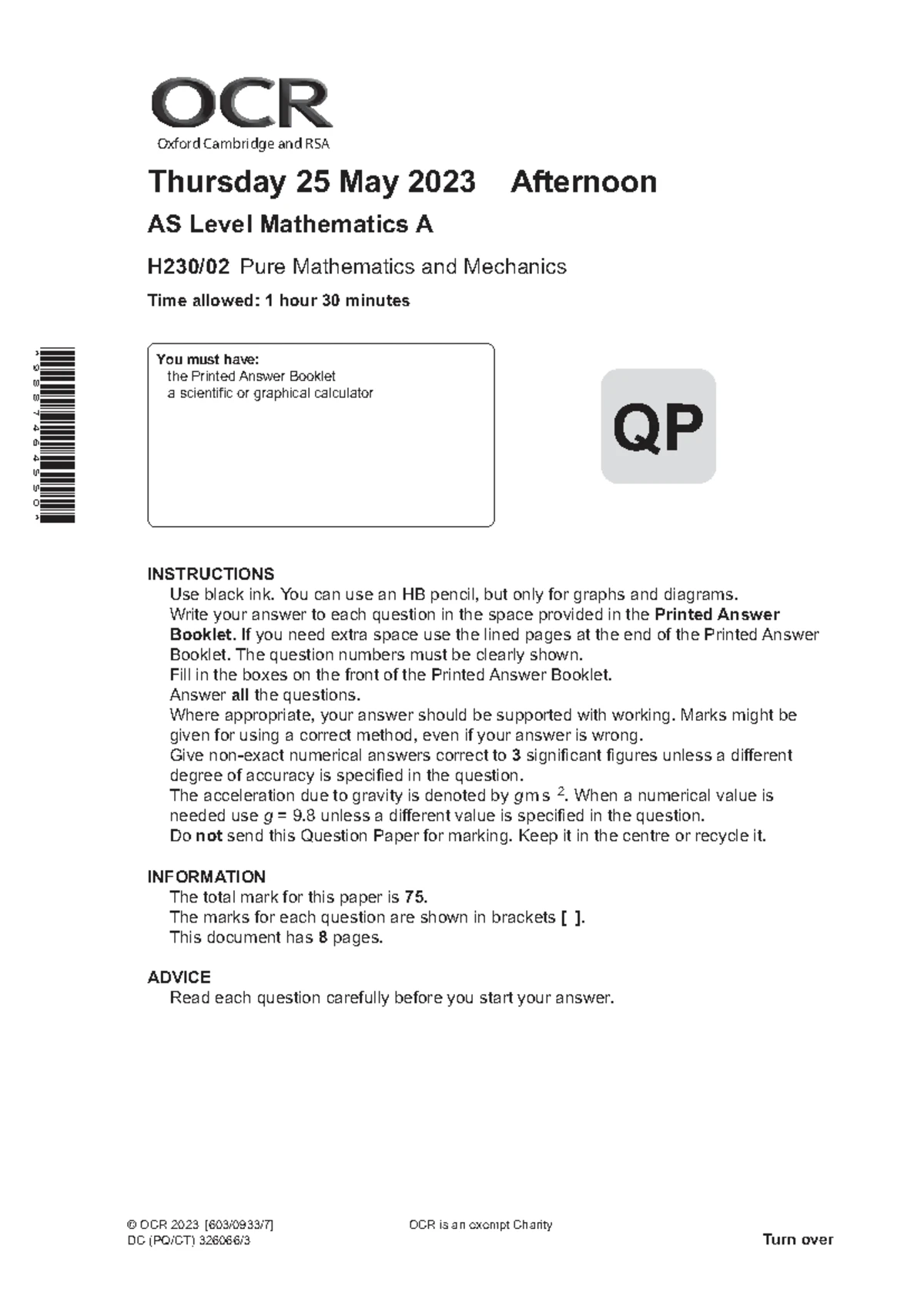 AS Level Mathematics A (H230) Pure Mathematics & Statistics Exam Paper ...