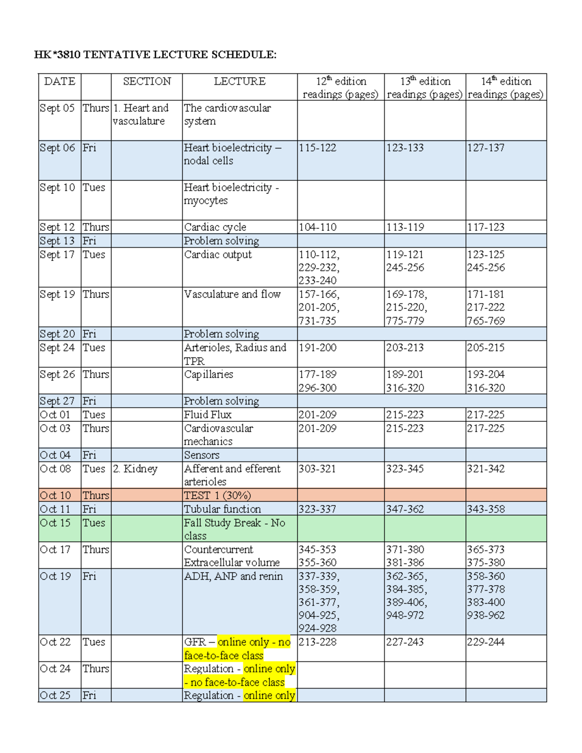 Human Physiology 2 tentative lecture schedule Aug 2024 - HK*3810 ...