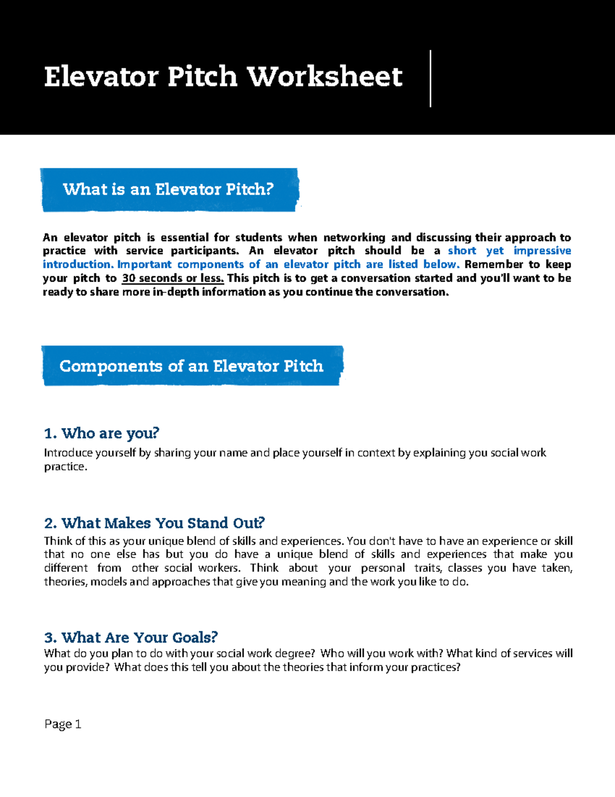 Elevator Pitch Worksheet - An elevator pitch should be a short yet ...