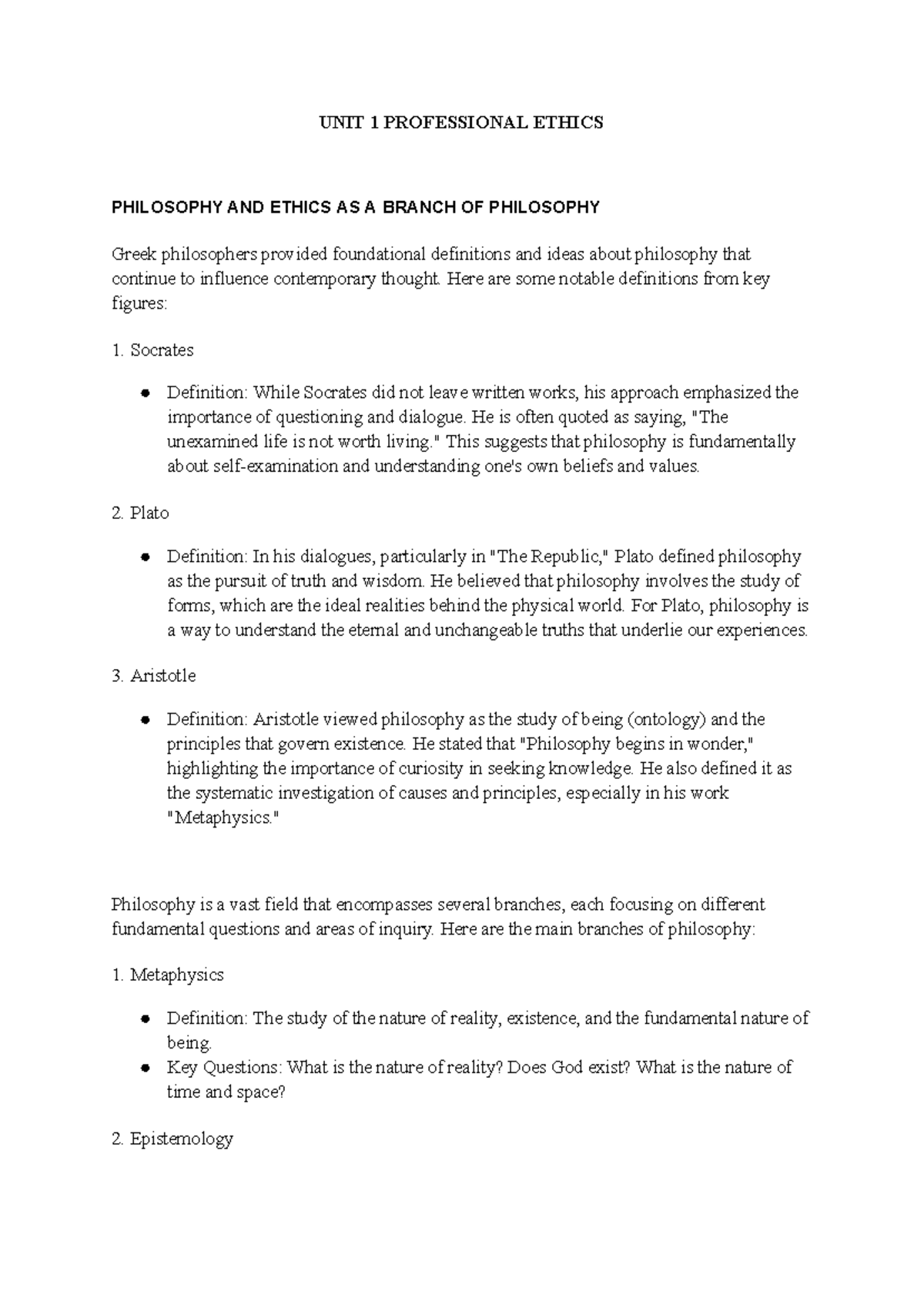UNIT 1 Professional Ethics-1 - UNIT 1 PROFESSIONAL ETHICS PHILOSOPHY ...