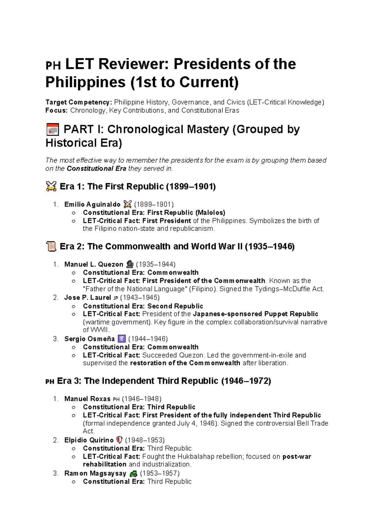LET Reviewer: Philippine Presidents (1st to Current) - Chronology ...