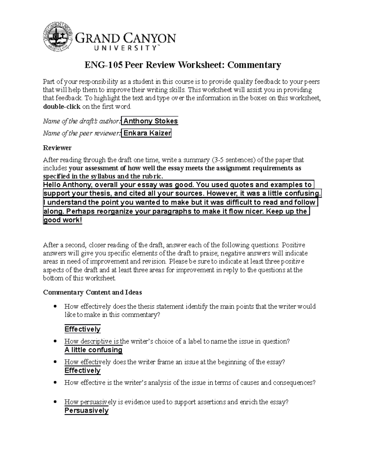 ENG105 Self Review Assignment - ENG-105: Module 7 Writing