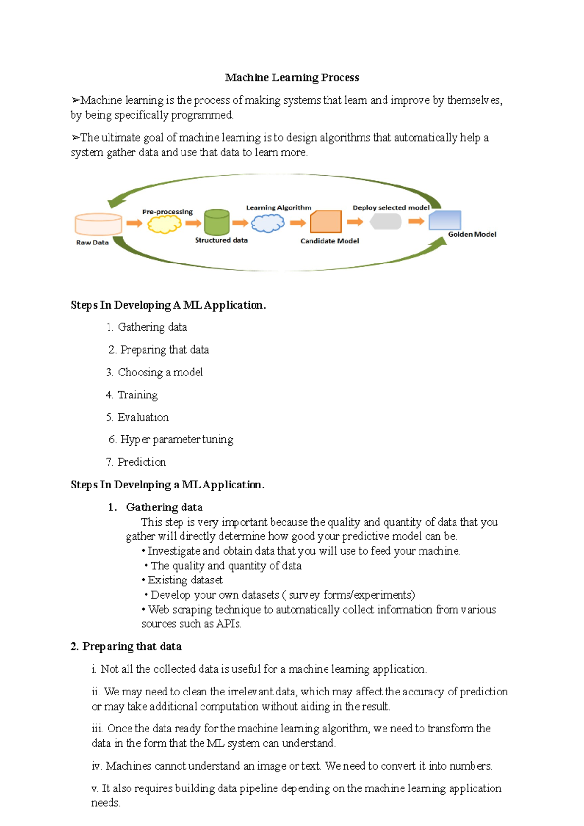 ML Process Steps: Developing a Machine Learning Application - Studocu