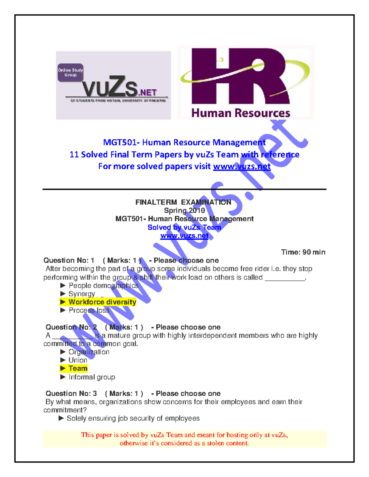 MGT501 Human Resource Management Final Term Solved Papers by vuZs Team ...