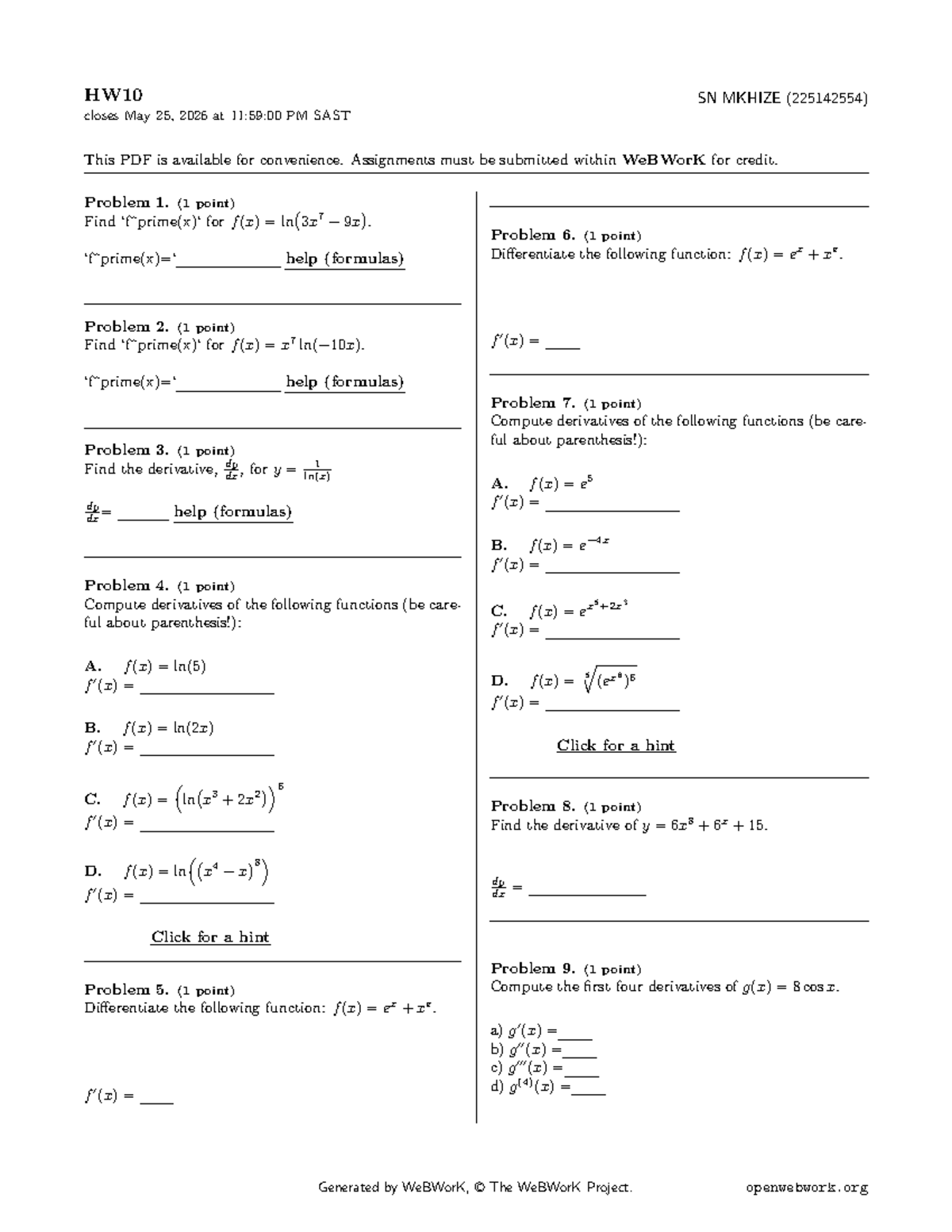 MAA00A1 2026 - HW10 Practice Problems and Solutions - Studocu