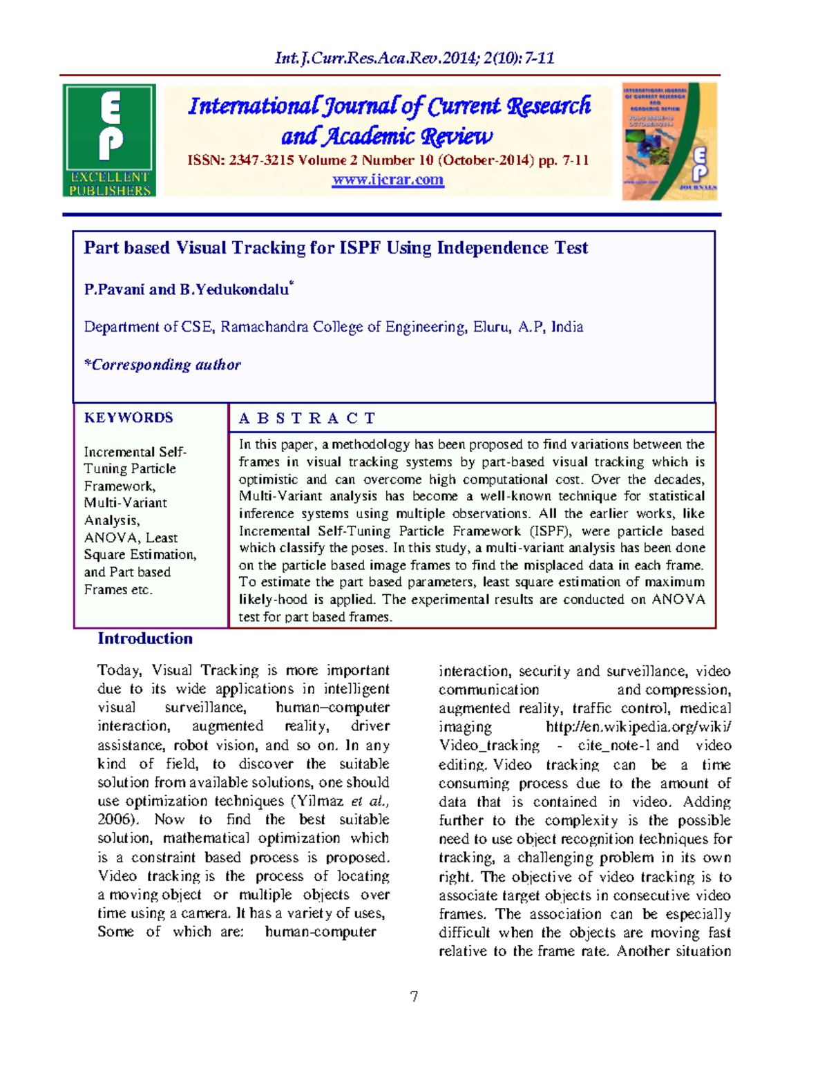 P.Pavani and B - Paper - Introduction Today, Visual Tracking is more ...